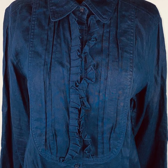 Carole Little Blue Linen Ruffle Neck Top L - Flaw - Picture 4 of 7